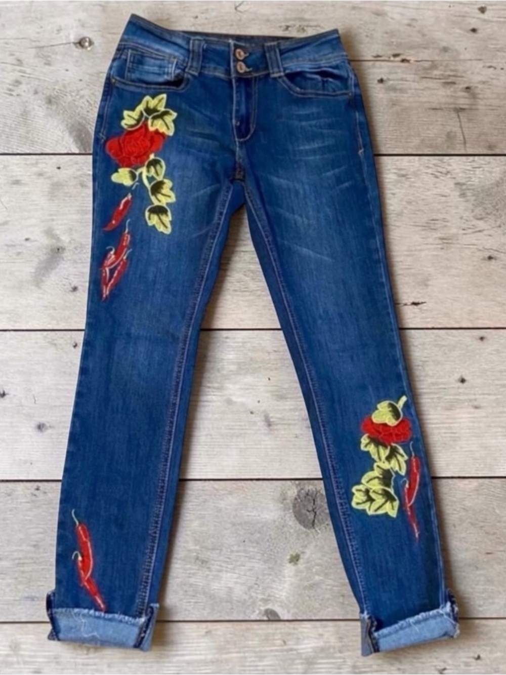 Indigo Rein Blue Skinny Jeans with Red Floral Embroidery